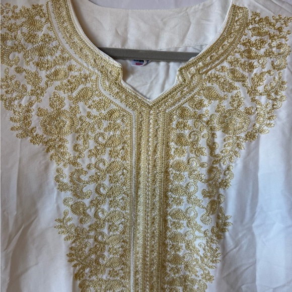 White Gold Embroidered Kaftan Dress Boho Resort Tunic Size M - Picture 3 of 6